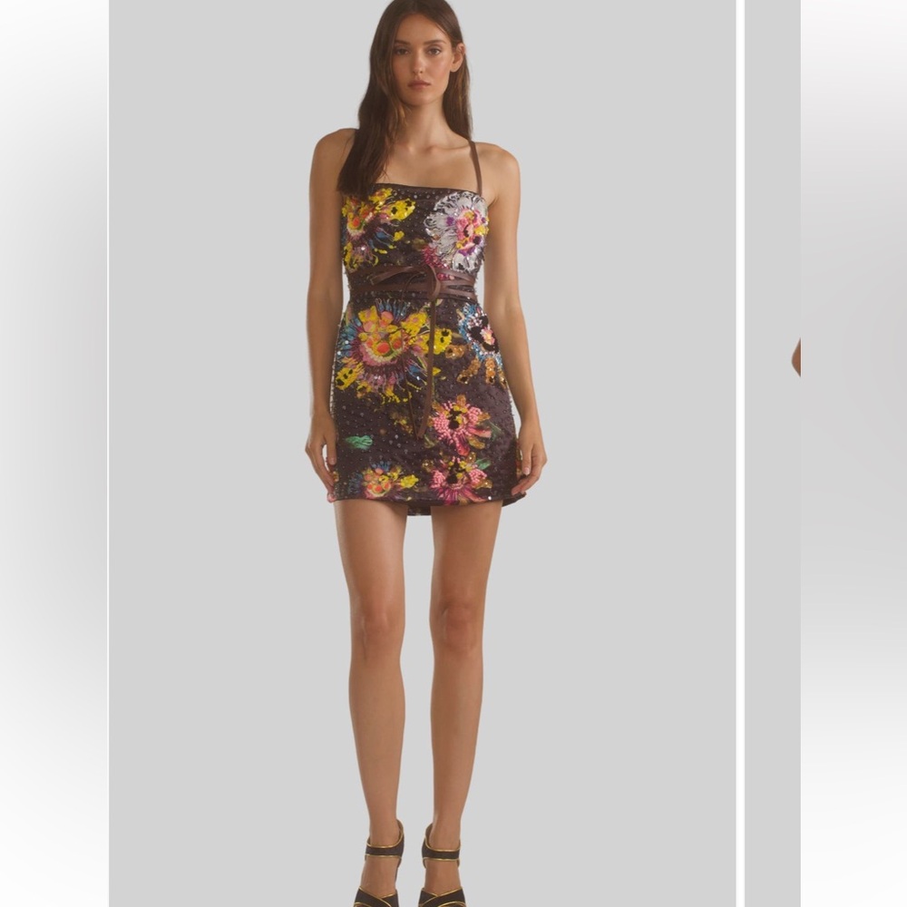 Cynthia Rowley Embellished Leather-Trim Satin Mini Dress in size 6.